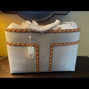 Over sized T block studded Tory Burch tote